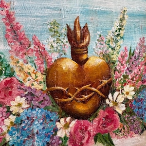 Sacred Heart with flowers. Prints of Artwork. Gold Heart, Eucharist, Christian Art,Monstrance, Catholic Art, Eucharistic revival, Prints
