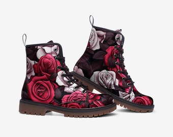 Noir Rose Tattoo Faux Leather Lightweight Hiking Boots - Faux Leather Combat Boot Unisex