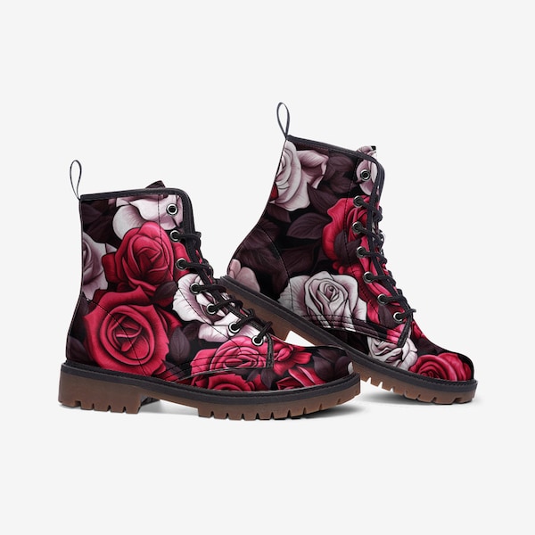 Noir Rose Tattoo Kunstleder Leichte Wanderstiefel - Kunstleder Kampfstiefel Unisex