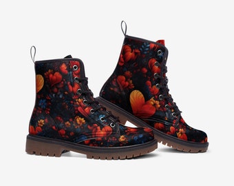 Heart Floral Faux Leather Lightweight Hiking Boots - Faux Leather Combat Boot Unisex
