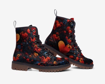 Botas de senderismo ligeras de piel sintética con diseño floral de corazón - Bota de combate de piel sintética unisex