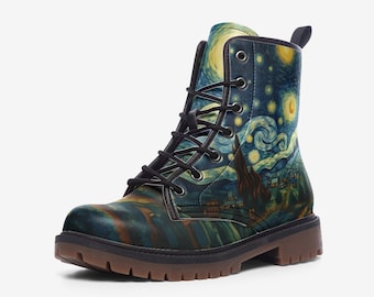 Starry Night Combat Boots – Van Gogh Faux Leather Unisex Footwear – Boho Festival boots