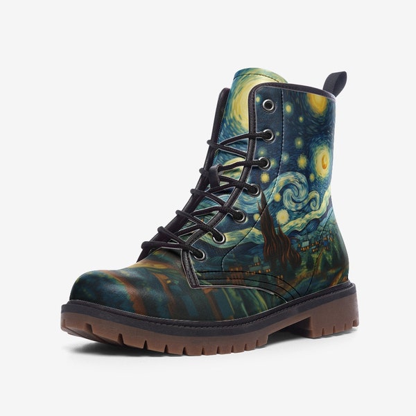 Starry Night by Vincent Van Gogh Faux Leather Lightweight Hiking Boots - Faux Leather Combat Boot Unisex