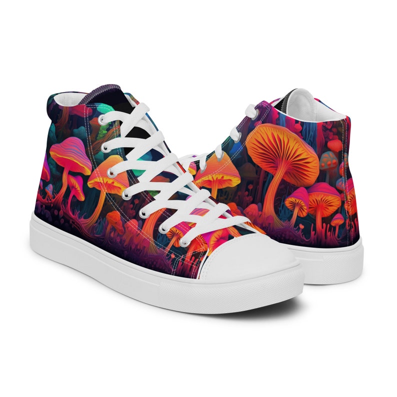 May include: High-top canvas trainers with a vibrant, psychedelic mushroom design. The shoes feature a white sole and laces, with a colorful pattern of orange, pink, and purple mushrooms against a dark background. A unique and eye-catching footwear choice.