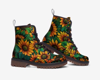 Botas de combate con diseño de girasoles: botines florales ligeros de piel sintética, zapatos bohemios unisex para festivales.