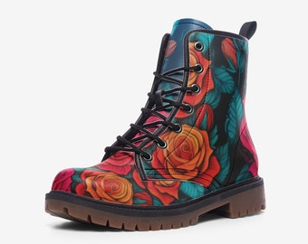 Botas de senderismo ligeras de piel sintética con rosas rojas - Bota de combate floral de piel sintética unisex