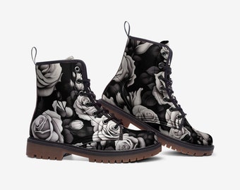 Black Rose White Rose Tattoo Faux Leather Lightweight Hiking Boots - Faux Leather Combat Boot Unisex