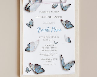 The Kaleidoscope Blue Butterflies Bridal Shower Invitation Elegant Turquoise Soft Pink Beige Butterfly Garden Chic Feminine Custom Template