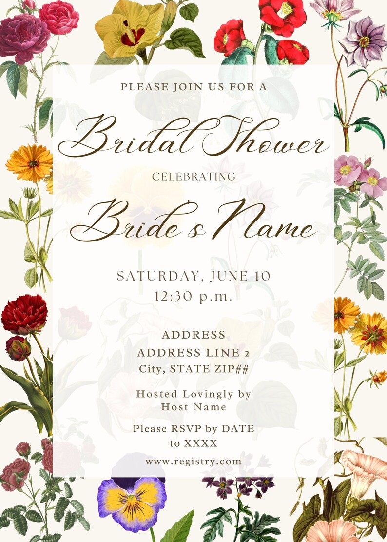 The Press Vintage Floral Bridal Shower Invitation Colorful Dried Flowers Varied Different Flowers Chic Antique Garden Warm Plants Template image 4