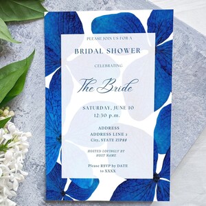 The Hydrangea Blue Electric Bright Royal Blue Hydrangea Flower Floral Chic Classic Simple Bridal Shower Invitation Custom Canva Template image 4