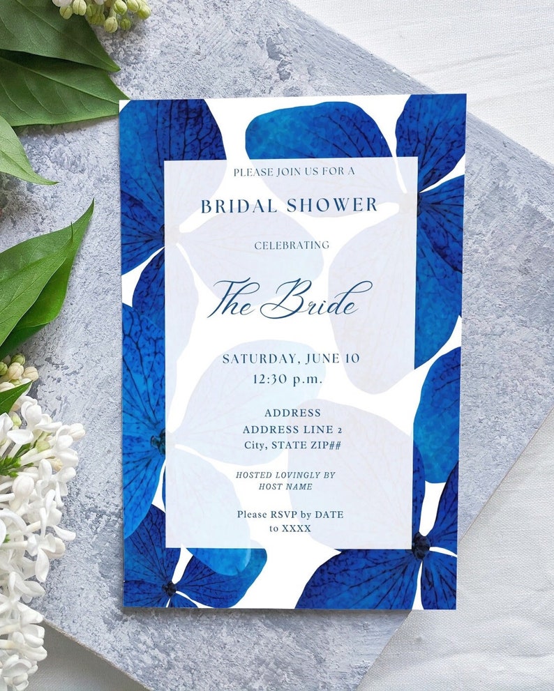 The Hydrangea Blue Electric Bright Royal Blue Hydrangea Flower Floral Chic Classic Simple Bridal Shower Invitation Custom Canva Template image 4