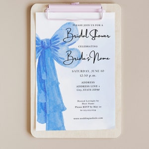 Beauty in Blue Something Blue Big Bow Bridal Shower Invitation Giant Bow Ribbons Chic Classic Statement Simple Girly Feminine Sweet Template