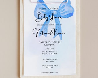 Beauty in Blue Bow Baby Shower Bright Blue Giant Bow Ribbon Fun Statement Simple Sweet Little Baby Boy Invitation Template