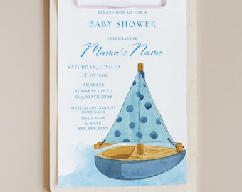 The Big Sailboat Blue Watercolor Sailboat Nautical Sailor Ocean Sea Happy Boy Baby Shower Invitation Customizable Template Digital or Print