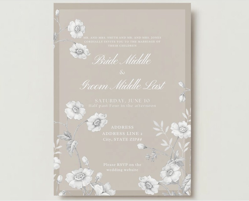 The Vintage Wildflower Caramel Elegant Beige Neutral Light Brown Flower Floral Overlay White Classic Wedding Invitation Formal Template image 7