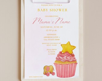 The Sunshine Cupcake Baby Shower Invitation Desserts Elephant Toy and Cupcake Pink and Yellow Tiered Happy Baby Girl Custom Canva Template