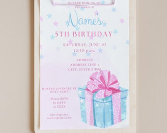 The Present Blue and Pink Gift Box Birthday Party Invitation Pastel Pink Bow Ribbon Stars Little Girl or Boy Invitation Template Digital