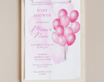 The Mylar Bundle Pink Balloons Shades of Pink Happy Chic Classic Simple Feminine Girly Girl Baby Shower Invitation Customizable Template