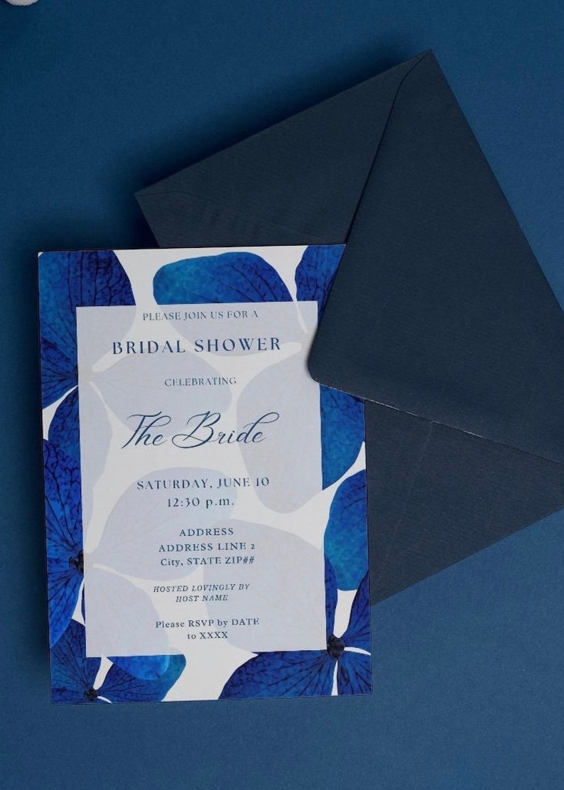 The Hydrangea Blue Electric Bright Royal Blue Hydrangea Flower Floral Chic Classic Simple Bridal Shower Invitation Custom Canva Template image 5