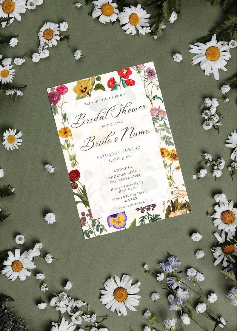 The Press Vintage Floral Bridal Shower Invitation Colorful Dried Flowers Varied Different Flowers Chic Antique Garden Warm Plants Template image 6