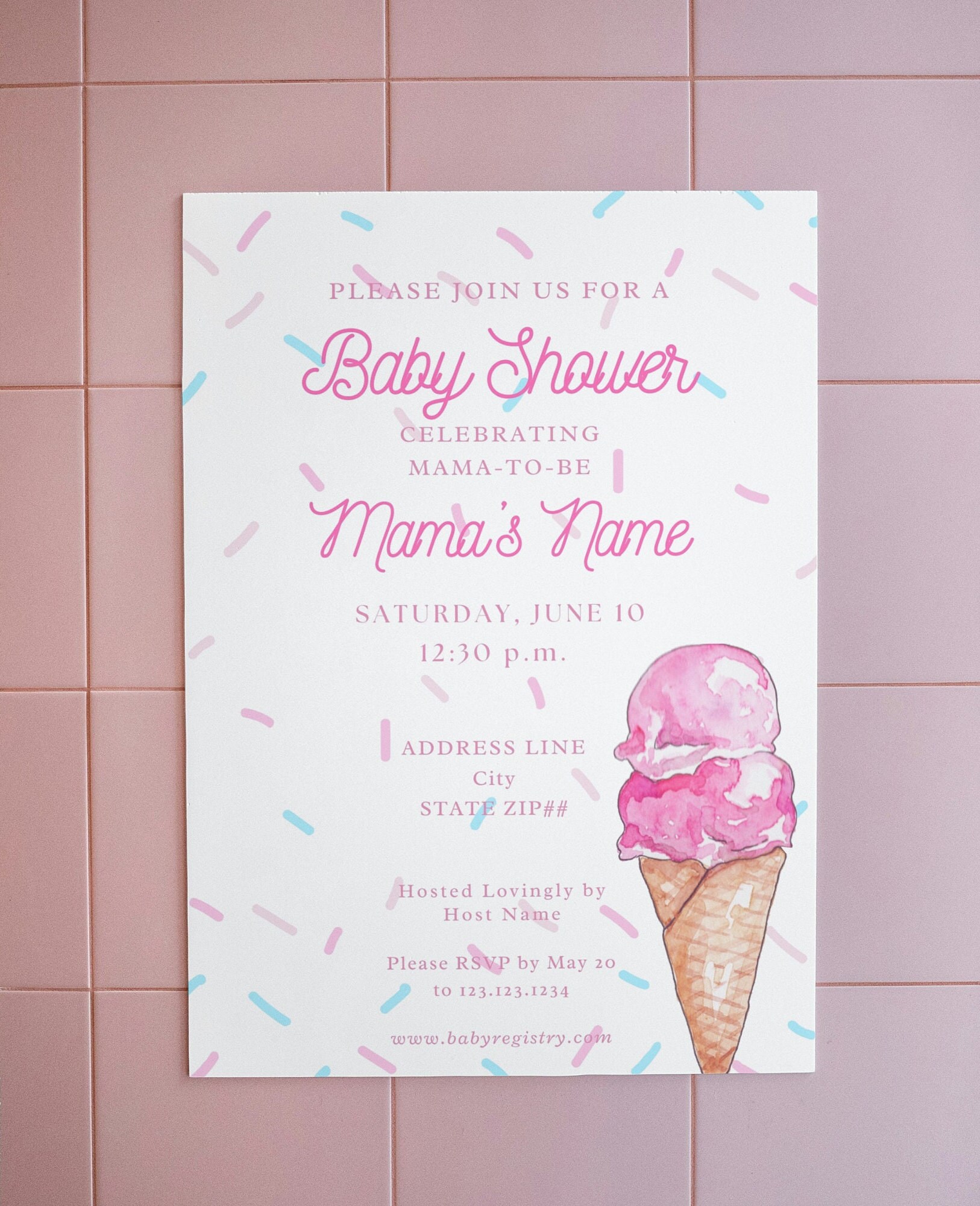 The Scoop Ice Cream Bar Baby Shower Invitation Blue and Pink Sprinkles
