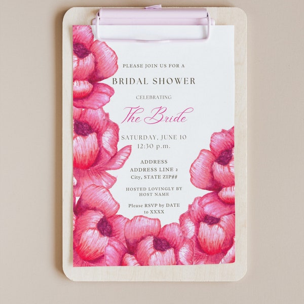 The Katherine Bright Hot Pink Peony Peonies Flower Floral White Chic Classic Garden Bridal Shower Invitation Custom Template Print Upload