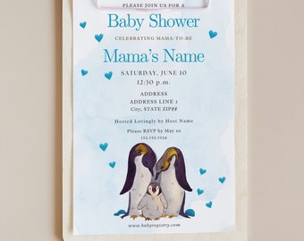 Mama and Me Arctic Penguin Family Mommy and Baby Animal Hearts Ocean Sea Storybook Gray Golden Blue Baby Shower Invitation Custom Template