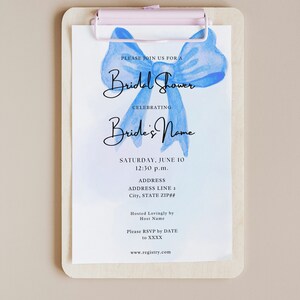 Beauty in Blue Bright Blue Giant Bow Ribbon Chic Classic Something Blue Statement Simple Sweet Girly Bridal Shower Invitation Template