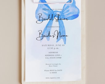 Beauty in Blue Bright Blue Giant Bow Ribbon Chic Classic Something Blue Statement Simple Sweet Girly Bridal Shower Invitation Template