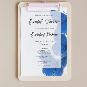 The Morpho Royal Blue Butterflies Overlay Elegant Blue Sapphire Blue White Chic Classic Bridal Shower Invitation Custom Template