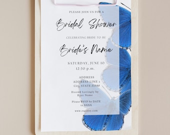 The Morpho Royal Blue Butterflies Overlay Elegant Blue Sapphire Blue White Chic Classic Bridal Shower Invitation Custom Template