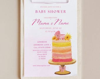 The Sunshine Cake Pink and Yellow Layered Tiered Dessert Cake Happy Simple Feminine Girl Baby Girl Shower Invitation Customizable Template