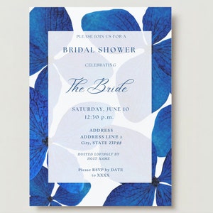 The Hydrangea Blue Electric Bright Royal Blue Hydrangea Flower Floral Chic Classic Simple Bridal Shower Invitation Custom Canva Template image 8