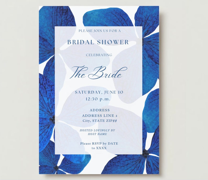 The Hydrangea Blue Electric Bright Royal Blue Hydrangea Flower Floral Chic Classic Simple Bridal Shower Invitation Custom Canva Template image 8