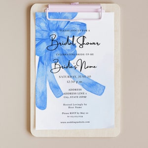 Beauty in Blue Something Blue Bridal Shower Invitation Giant Bow Ribbon Chic Classic Statement Simple Sweet Template