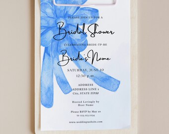 Beauty in Blue Something Blue Bridal Shower Invitation Giant Bow Ribbon Chic Classic Statement Simple Sweet Template