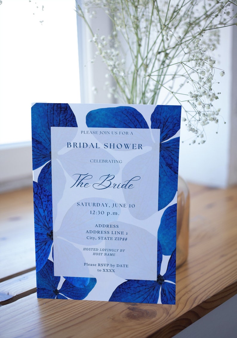 The Hydrangea Blue Electric Bright Royal Blue Hydrangea Flower Floral Chic Classic Simple Bridal Shower Invitation Custom Canva Template image 3