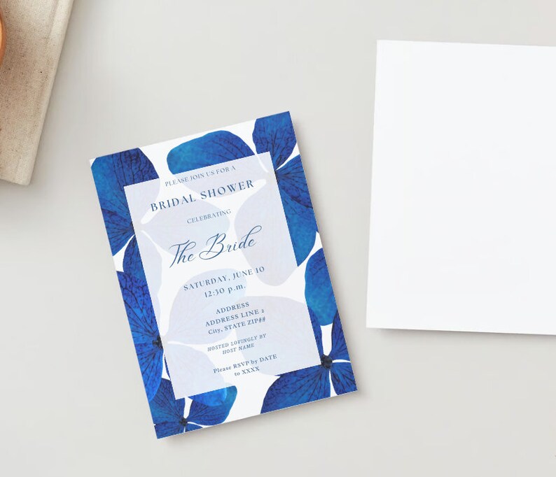 The Hydrangea Blue Electric Bright Royal Blue Hydrangea Flower Floral Chic Classic Simple Bridal Shower Invitation Custom Canva Template image 9