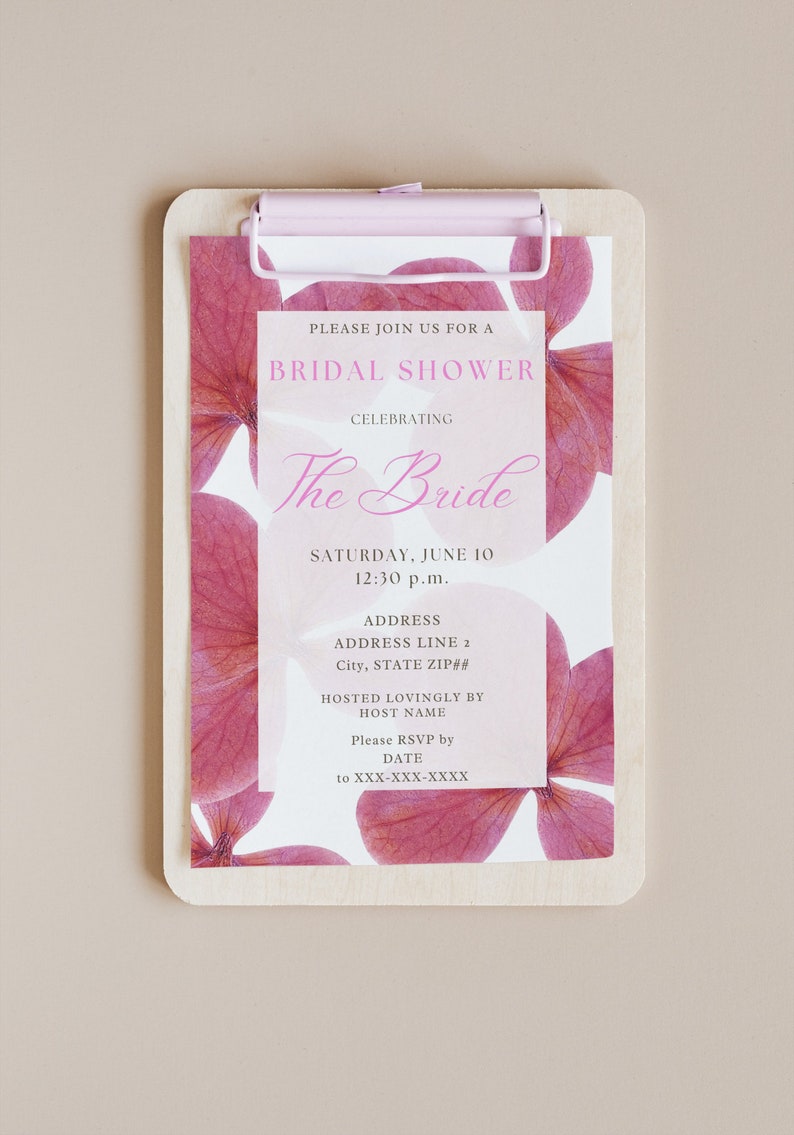 The Pink Hydrangea Bridal Shower Invitation Flowers Flower Floral Chic Classic Feminine Simple Garden Party Custom Template image 1