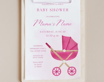 The Stroller Bright Pink Baby Shower Invitation Pram Colorful Girl Girly Feminine Cute Baby Shower Invitation Sweet Hot Pink Template Print