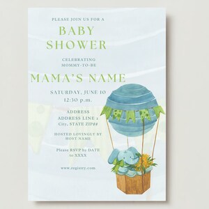 The Adventure Baby Elephant Hot Air Balloon Blue Green Turquoise Watercolor Girl or Boy Baby Shower Invitation Customizable Canva Template image 10