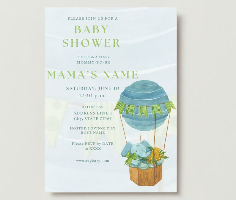 The Adventure Baby Elephant Hot Air Balloon Blue Green Turquoise Watercolor Girl or Boy Baby Shower Invitation Customizable Canva Template image 10