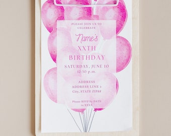 The Mylar Pink Bundle of Pink Balloons Happy Chic Classic Simple Feminine Girly Girl Birthday Party Invitation Customizable Template
