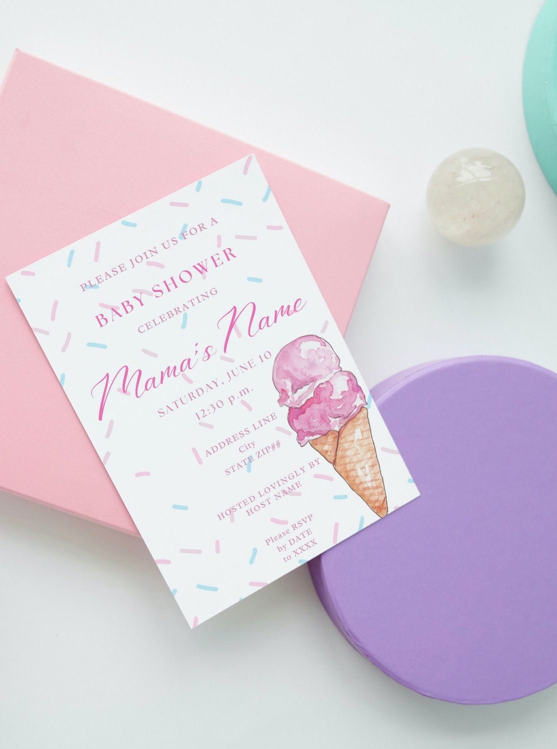 The Scoop Ice Cream Bar Baby Shower Invitation Blue and Pink Sprinkles