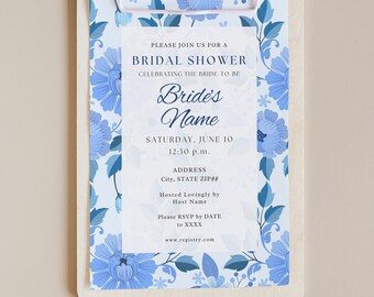 Blue Wallpaper Classy Bridal Shower Invitation Classic Blue and White Floral Wallpaper Print Dainty Flowers Fun Feminine Custom Template