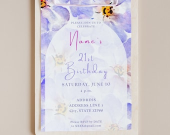 The Cleo Purple Lilac Peony Birthday Party Invitation Arch Peonies Pansies Poppies Flowers Floral Happy Summer Chic Cute Pretty Template