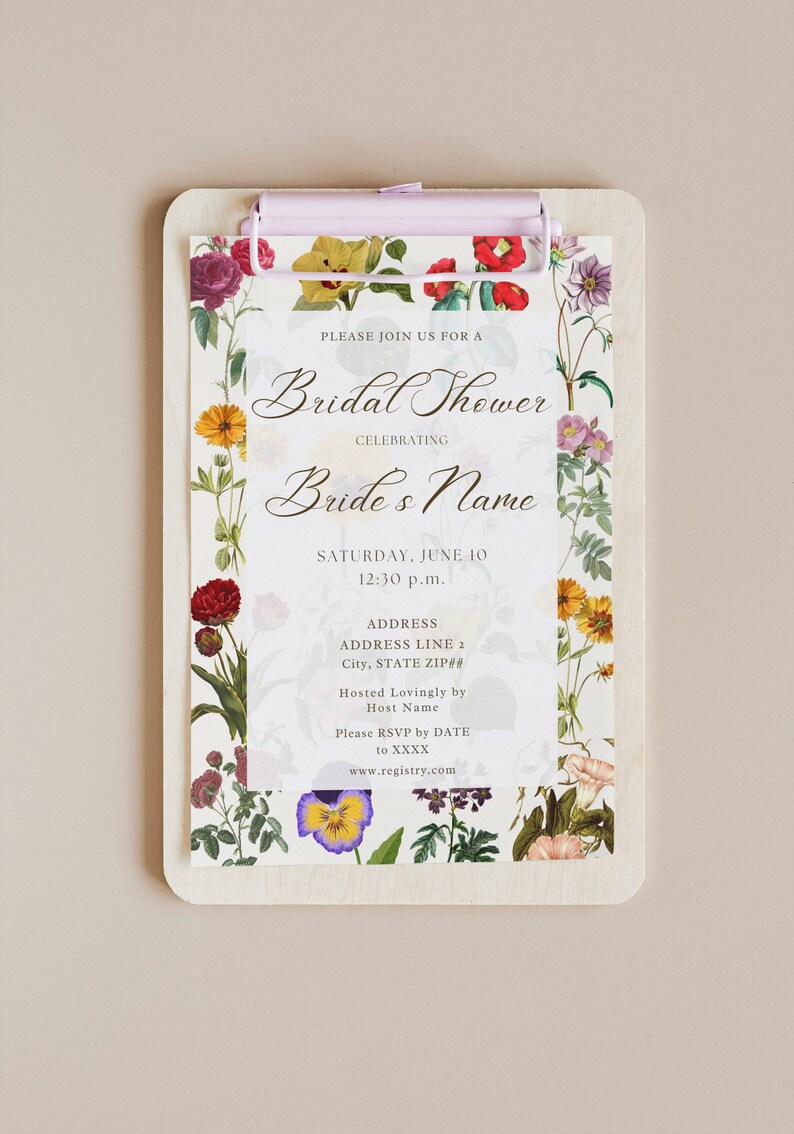 The Press Vintage Floral Bridal Shower Invitation Colorful Dried Flowers Varied Different Flowers Chic Antique Garden Warm Plants Template image 1