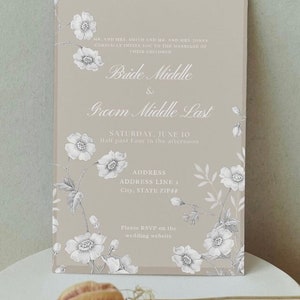 The Vintage Wildflower Caramel Elegant Beige Neutral Light Brown Flower Floral Overlay White Classic Wedding Invitation Formal Template image 2