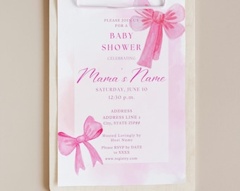 Pretty in Pink Baby Shower Invitation Pink Bows Shades of Pink Elegant Chic Classic Simple Feminine Girly Girl Shower Template