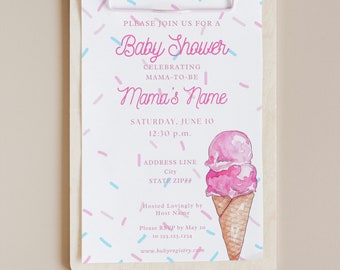 The Scoop Ice Cream Bar Baby Shower Invitation Blue and Pink Sprinkles Sweet Dessert Pastel Watercolor Colorful Girl or Boy Cute Template